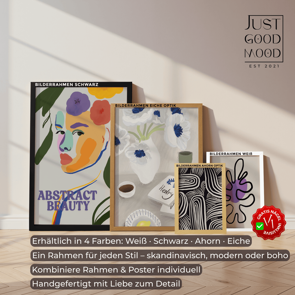 Bilderrahmen Holz modern mit Acrylglas – Stabiler MDF Rahmen in Weiß, Schwarz, Ahorn & Eiche inkl. Nägel
