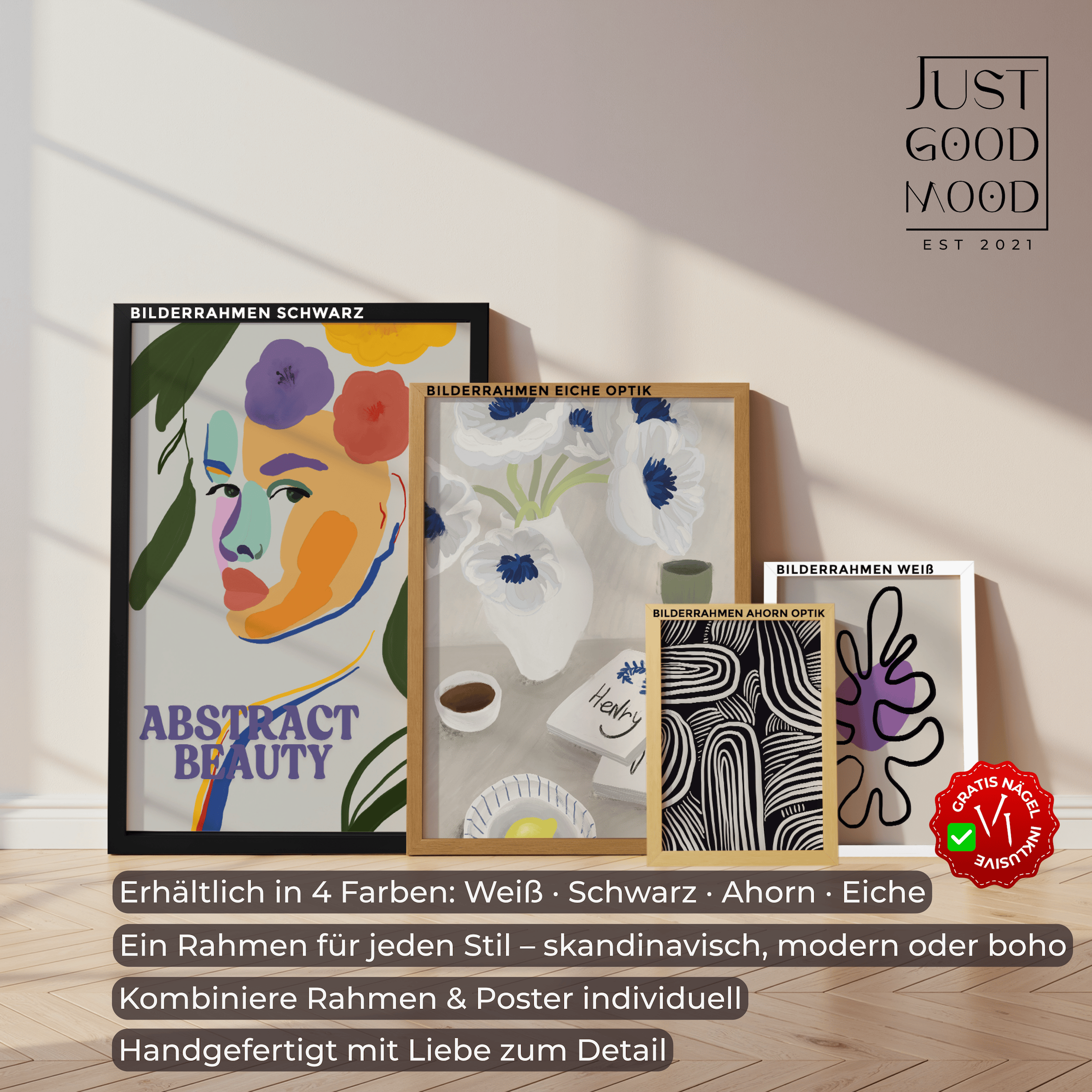 Picture Frame made of sturdy MDF Wood with Acrylic Glass – White Black Maple Oak · with free Nails