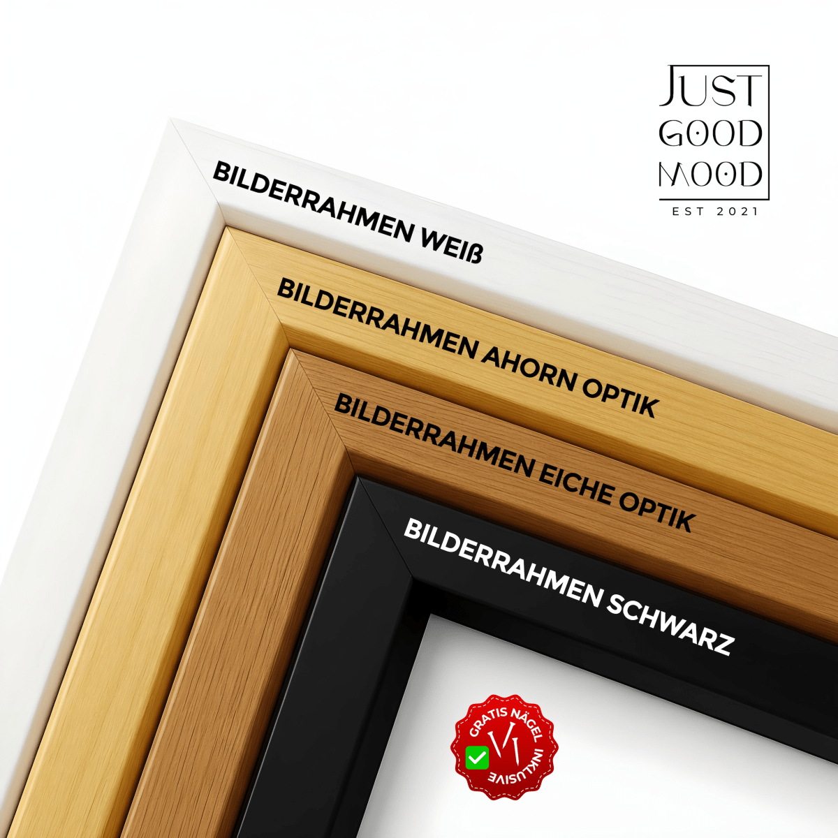 Picture Frame made of sturdy MDF Wood with Acrylic Glass – White Black Maple Oak · with free Nails