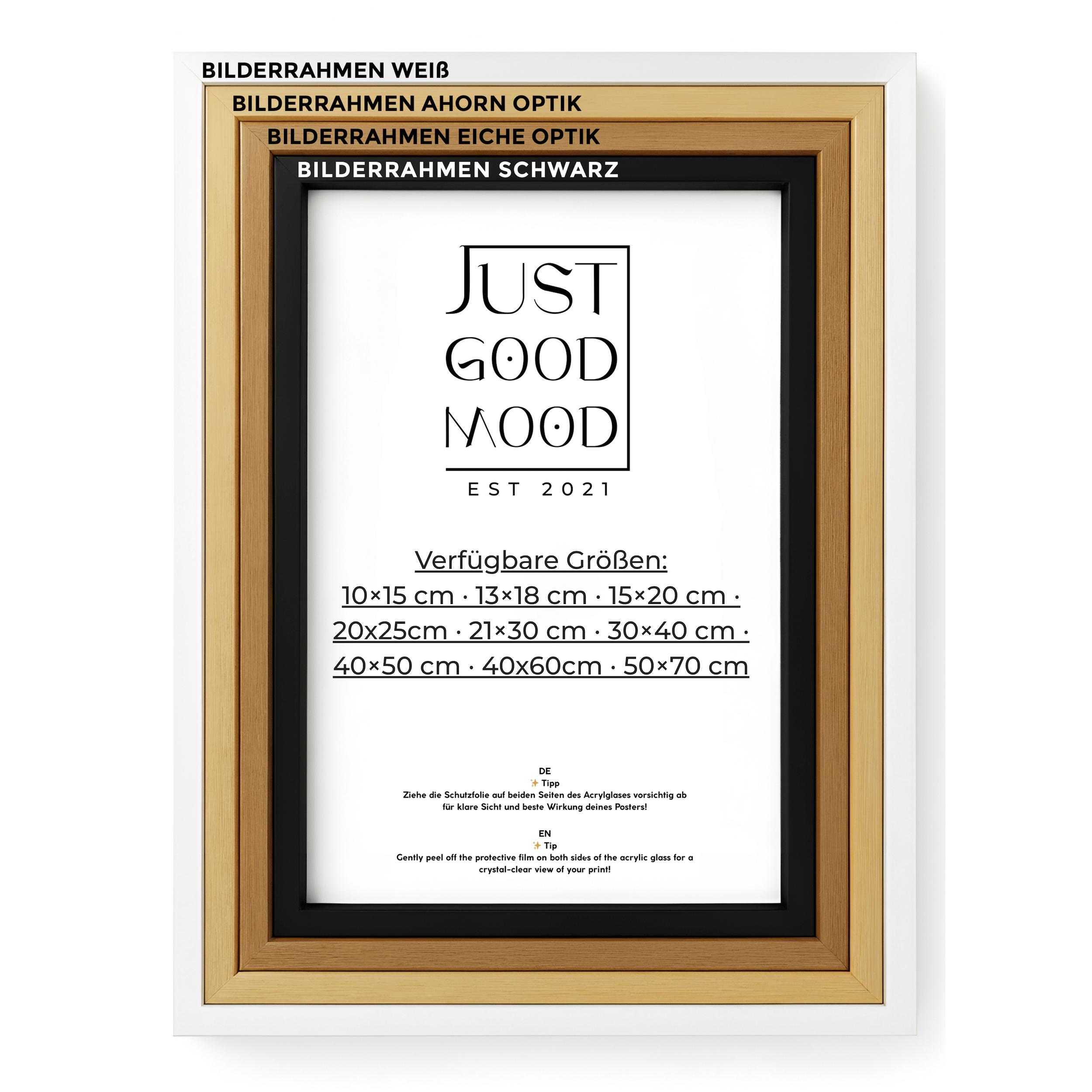 Picture Frame made of sturdy MDF Wood with Acrylic Glass – White Black Maple Oak · with free Nails