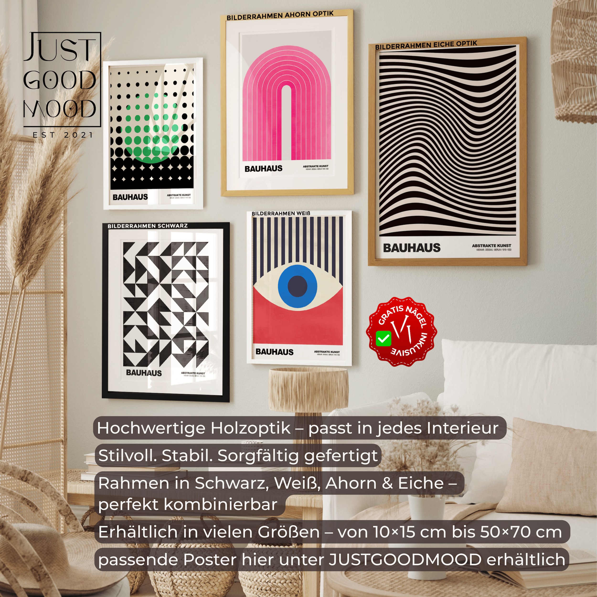 Picture Frame made of sturdy MDF Wood with Acrylic Glass – White Black Maple Oak · with free Nails