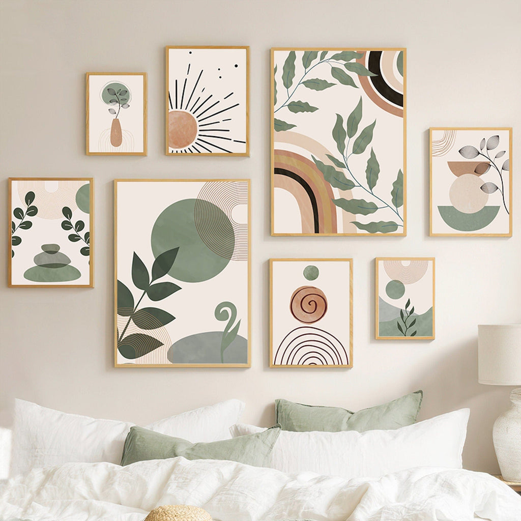 Poster Blätter Grün Boho mit geometrischen Formen – Ästhetisches Wandbild für Wohnzimmer & Schlafzimmer · Minimalistische Wanddeko ohne Rahmen