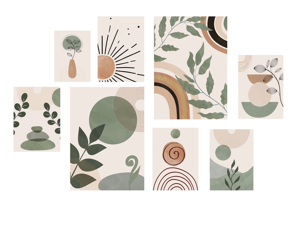 Poster Blätter Grün Boho mit geometrischen Formen – Ästhetisches Wandbild für Wohnzimmer & Schlafzimmer · Minimalistische Wanddeko ohne Rahmen