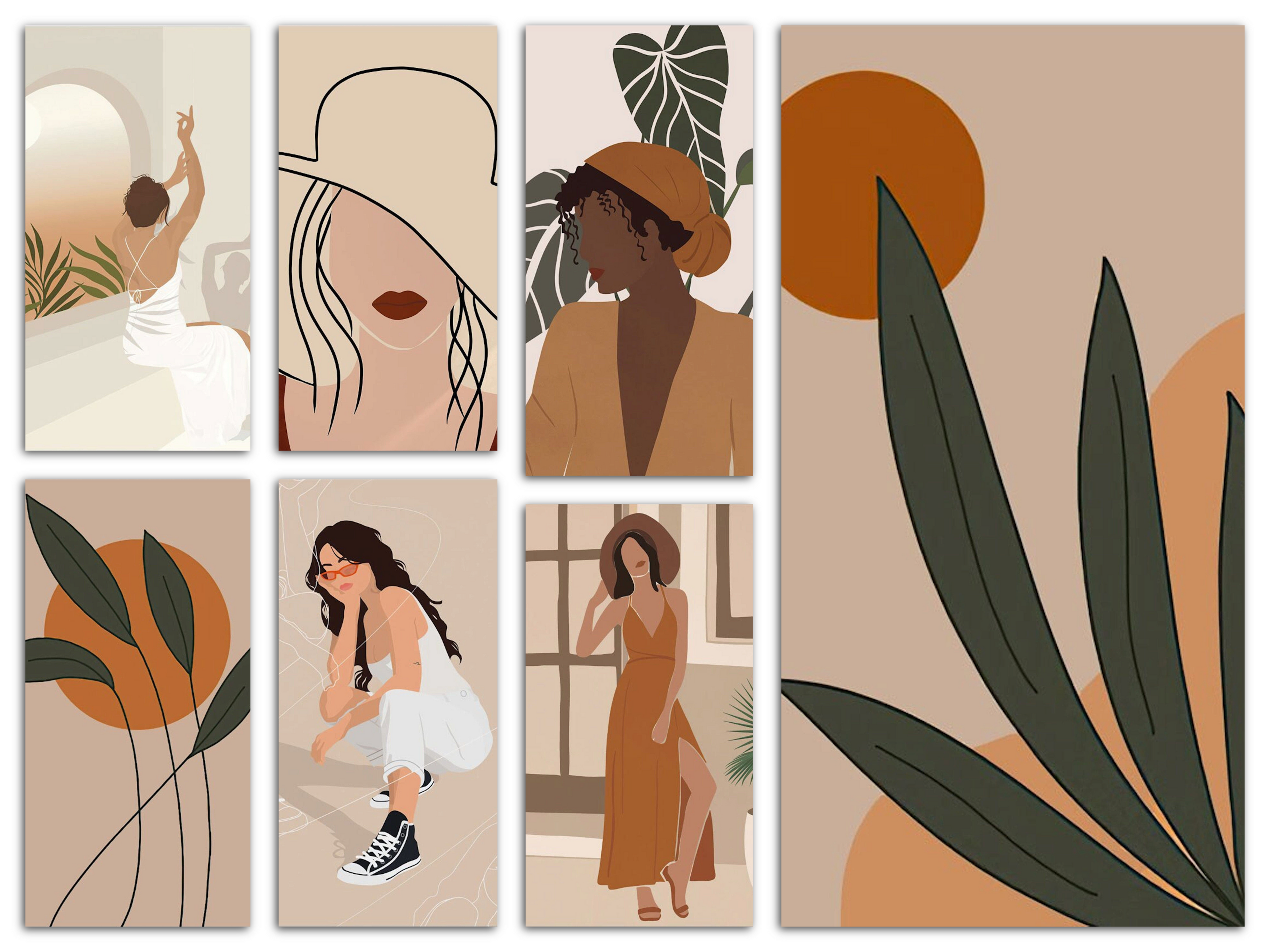 Poster Boho Frau mit Blättern – Minimalistisches Wandbild für Wohnzimmer & Schlafzimmer · Ästhetische Wanddeko ohne Rahmen