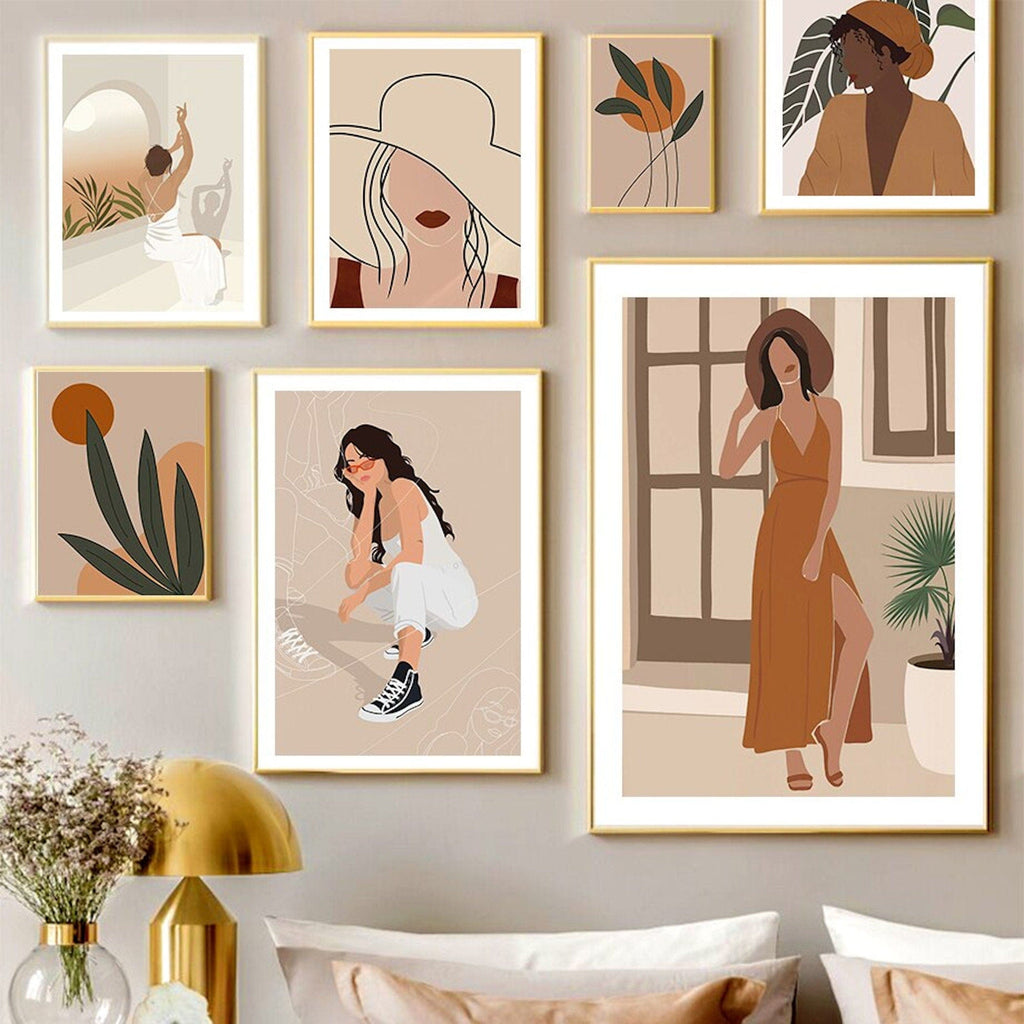 Poster Boho Frau mit Blättern – Minimalistisches Wandbild für Wohnzimmer & Schlafzimmer · Ästhetische Wanddeko ohne Rahmen