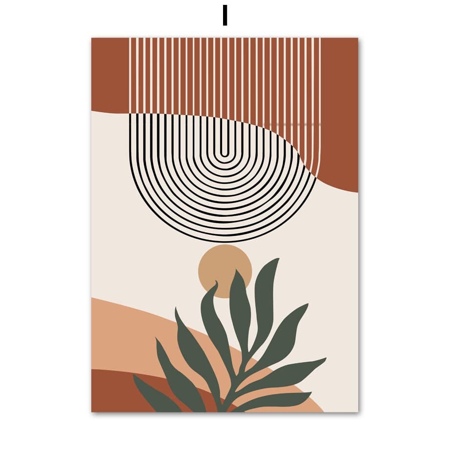 Poster Grüne Blätter Boho mit geometrischen Formen – Modernes Wandbild für Wohnzimmer & Schlafzimmer · Ästhetische Wanddeko ohne Rahmen