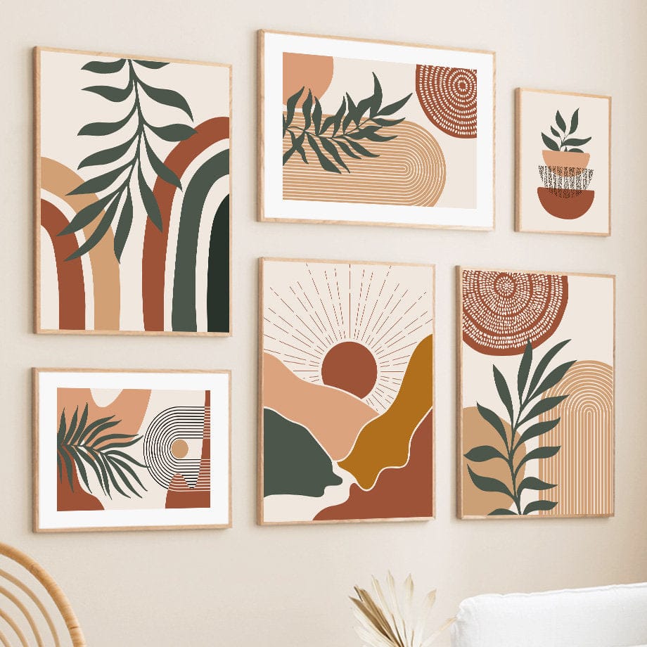 Poster Grüne Blätter Boho mit geometrischen Formen – Modernes Wandbild für Wohnzimmer & Schlafzimmer · Ästhetische Wanddeko ohne Rahmen