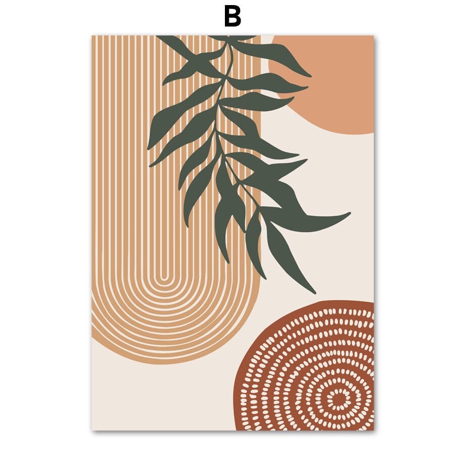 Poster Grüne Blätter Boho mit geometrischen Formen – Modernes Wandbild für Wohnzimmer & Schlafzimmer · Ästhetische Wanddeko ohne Rahmen