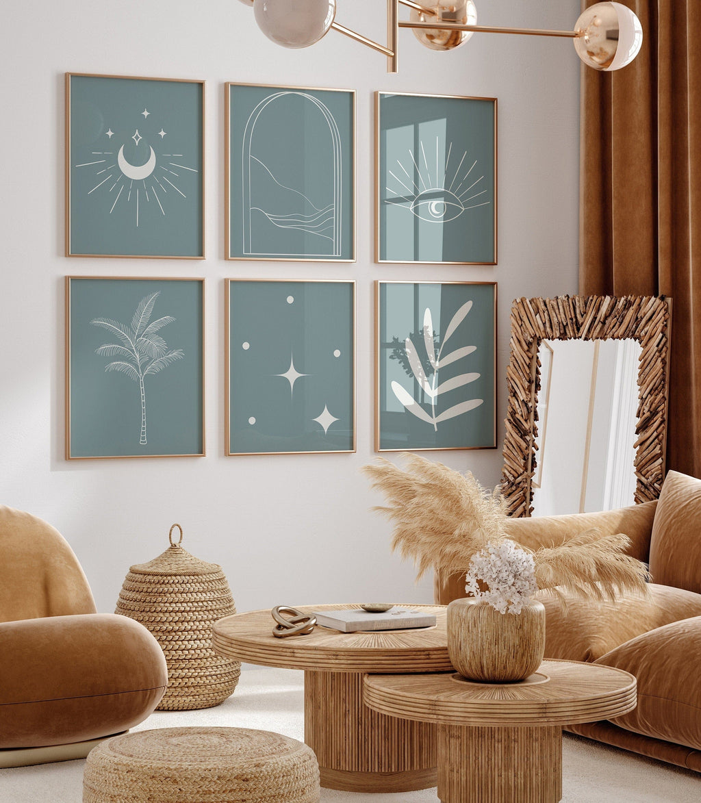 Poster Boho Minimalistisch Modern – Linien, Sterne, Sonne & Blätter · Ästhetische Wanddeko für Wohnzimmer & Schlafzimmer · Kunstdruck ohne Rahmen