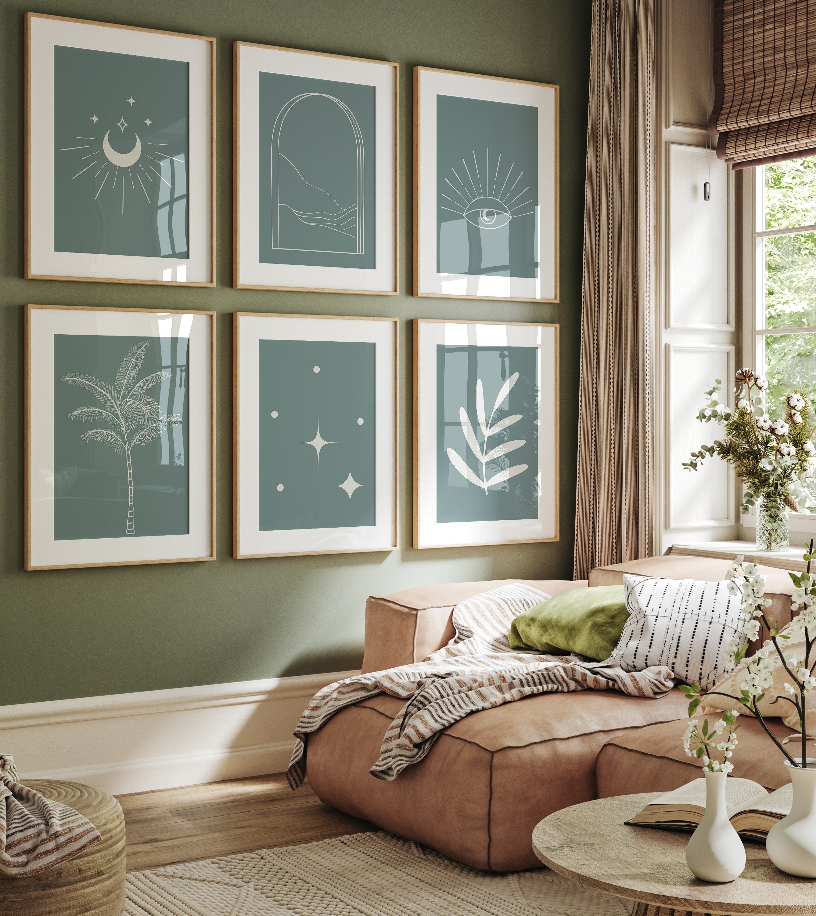 Poster Boho Minimalistisch Modern – Linien, Sterne, Sonne & Blätter · Ästhetische Wanddeko für Wohnzimmer & Schlafzimmer · Kunstdruck ohne Rahmen