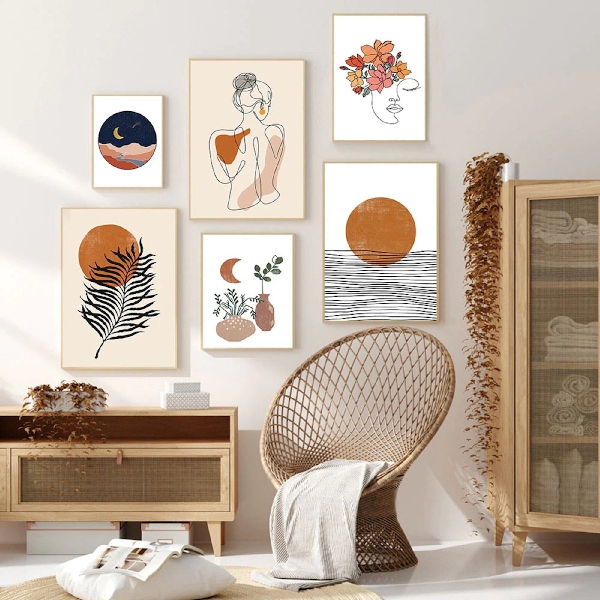 Poster Boho Sonne Botanik Blätter – Ästhetisches Wandbild für Wohnzimmer & Schlafzimmer · Minimalistische Wanddeko ohne Rahmen